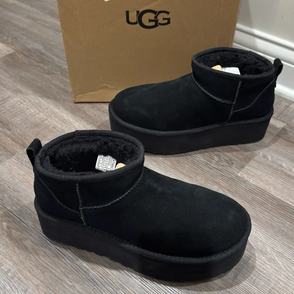 UGG Classic Ultra Mini Platform Black Suede Boots